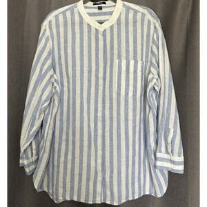 Chaps Women's SZ 3X Button Up Shirt White Blue Striped Linen Blend Round Neck